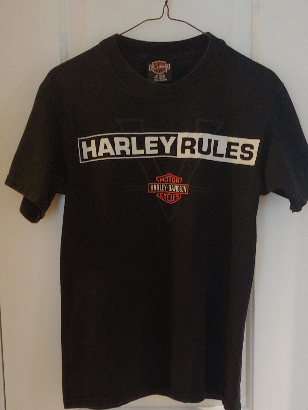 Harley-Davidson Black Tee with White 'HARLEY RULES' and Orange Logo